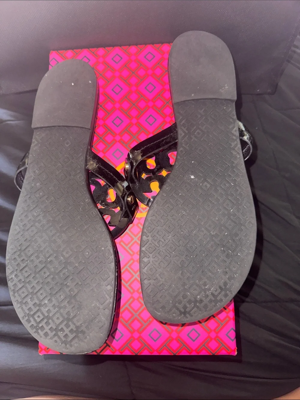 Tory Burch Black Patent Logo Thong Sandals with Gold Accents - Picture 2 of 2